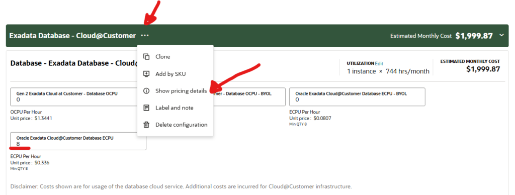 Find the SKU for a License Included ExaCC Database