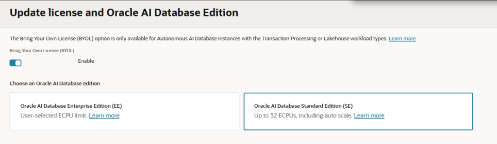 Autonomous Database with Standard Edition License