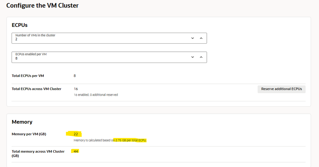 ExaDB-XS VM cluster configuration with 8 enabled ECPUs and 22 GB of memory per VM.