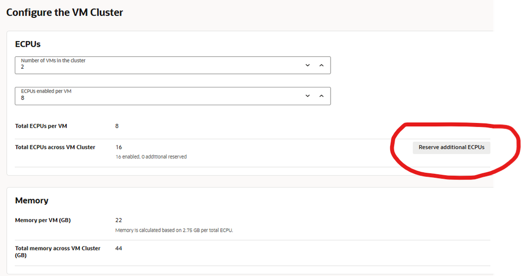ExaDB-XS configuration highlighting the Reserve additional ECPUs button to increase VM memory.