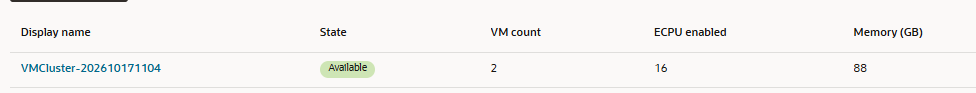 Provisioned ExaDB-XS cluster showing two VMs, 16 enabled ECPUs and 88 GB of total memory.